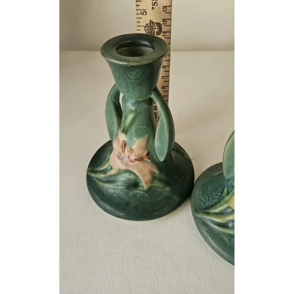 Roseville Pottery Pair of Zephyr Lily Green Candle Holders 1163-4 1/2